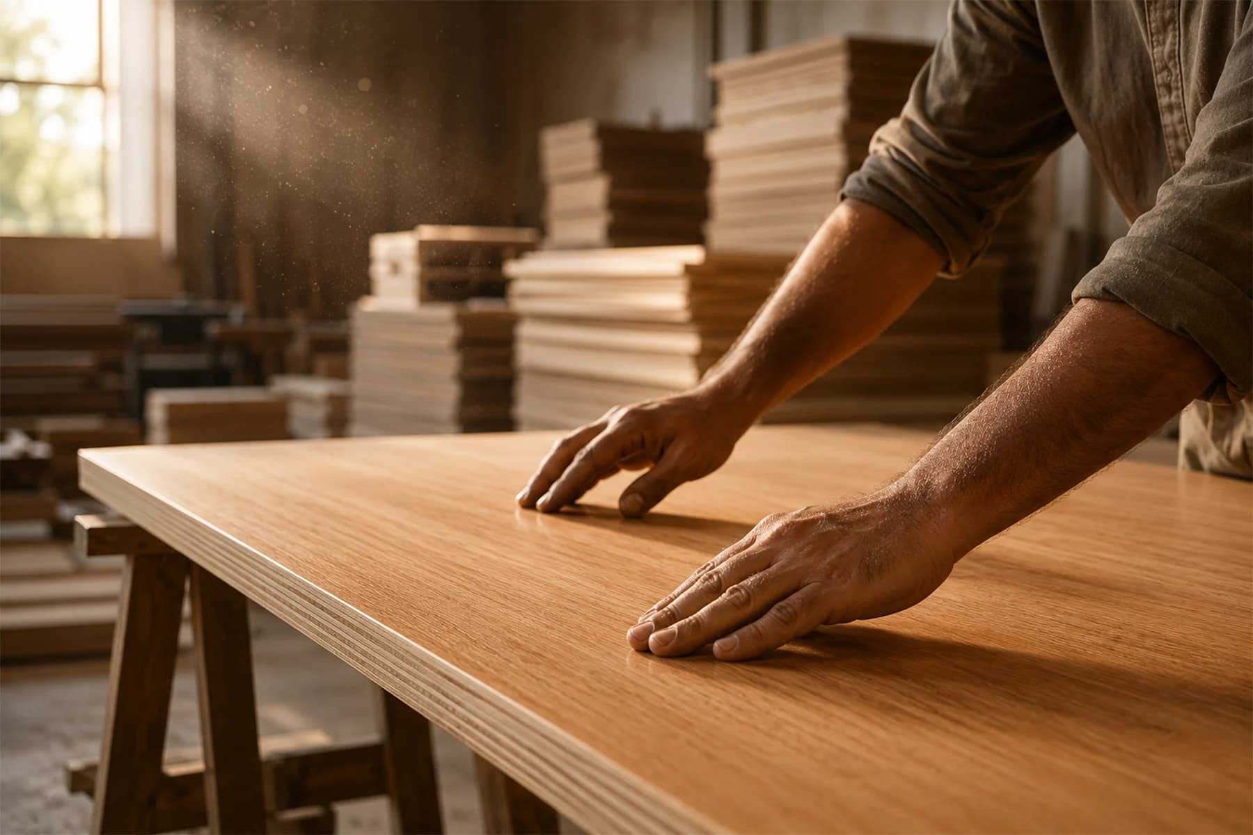 Craftsman checking a plywood panel edge