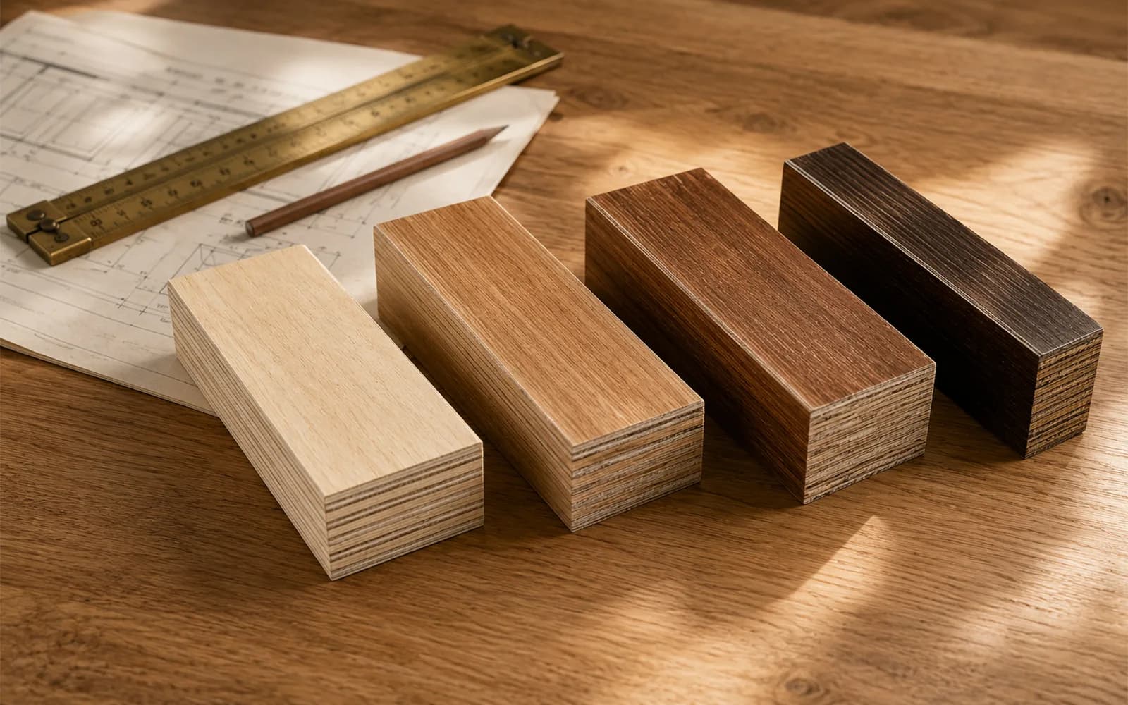 Plywood grade samples on a workbench