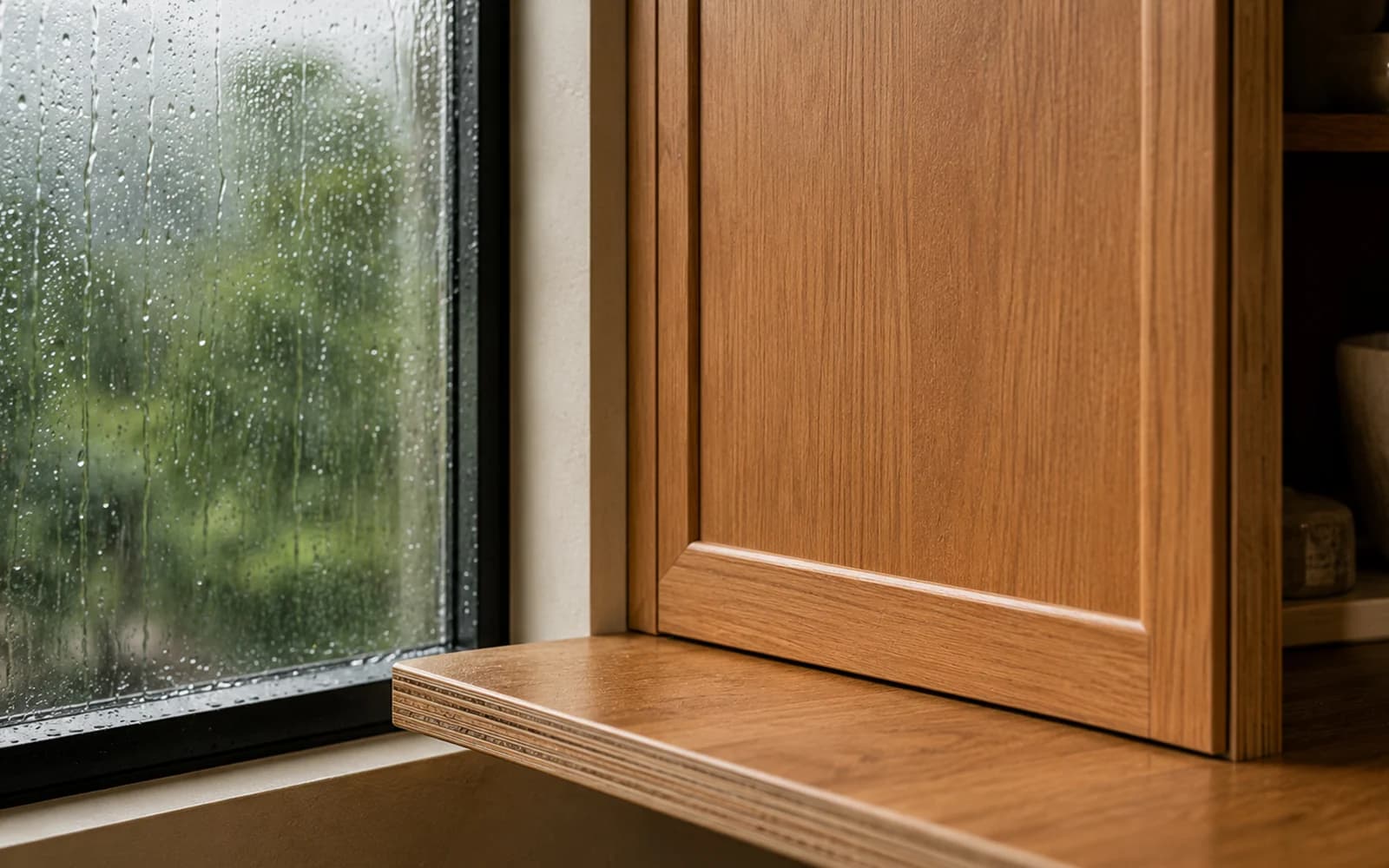 Monsoon rain against interior joinery