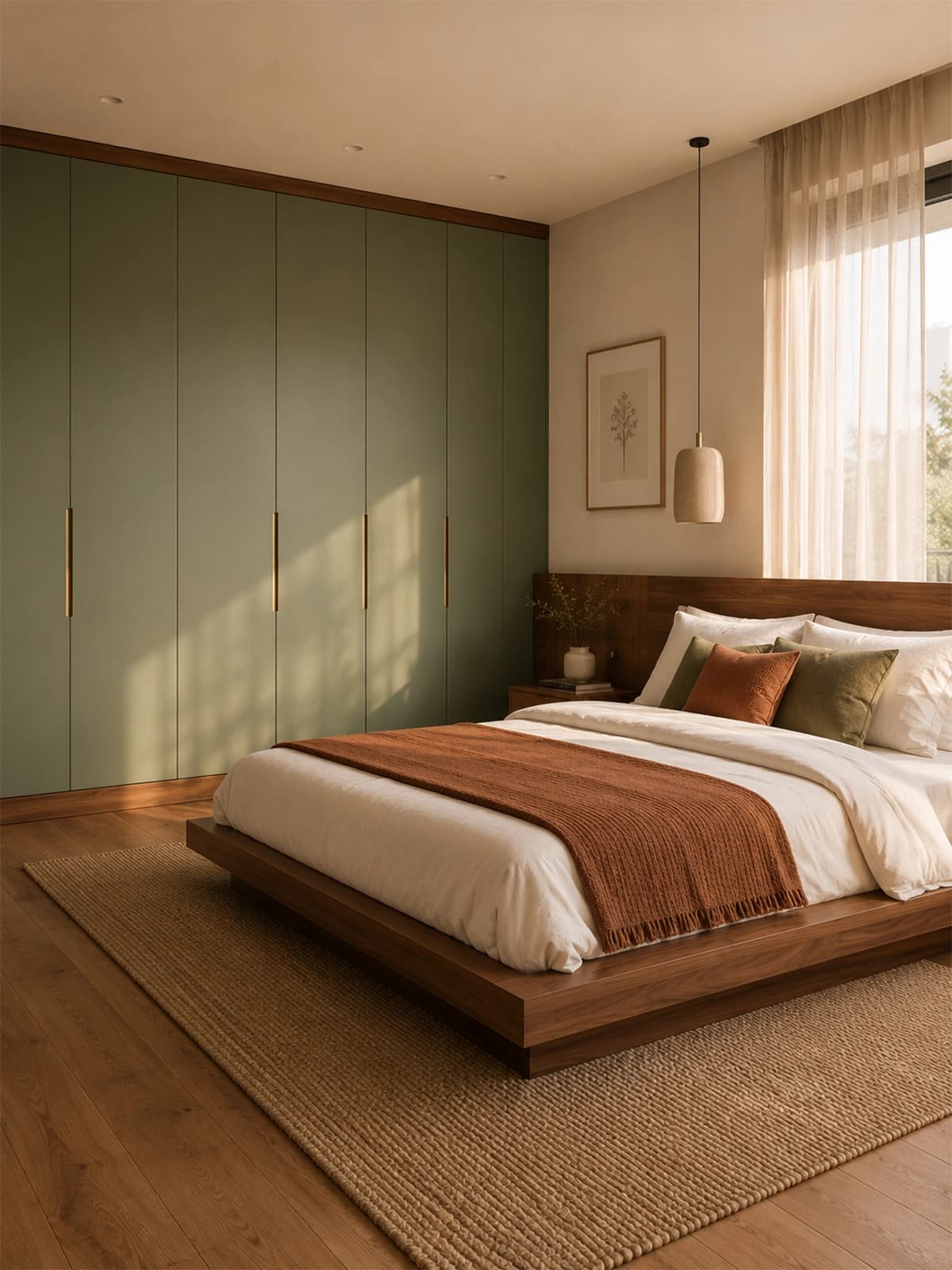 Bedroom with fitted sage-green wardrobe
