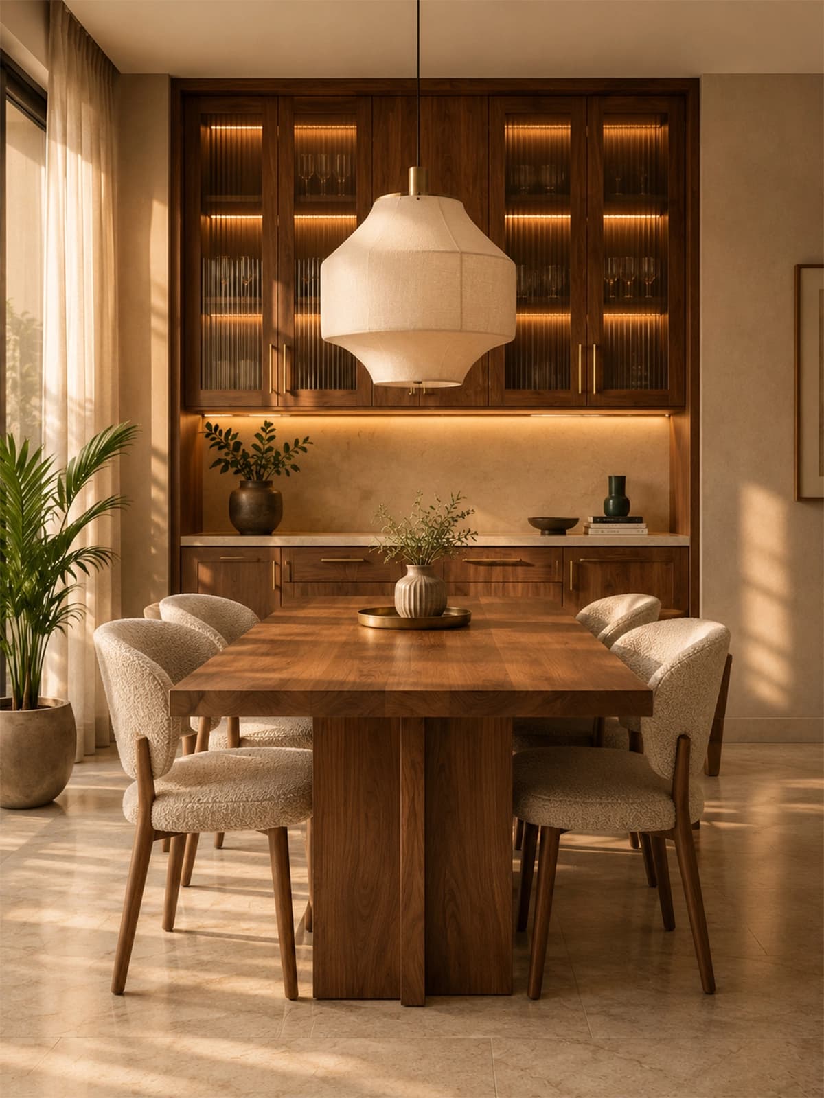 Dining area with teak table and walnut crockery unit