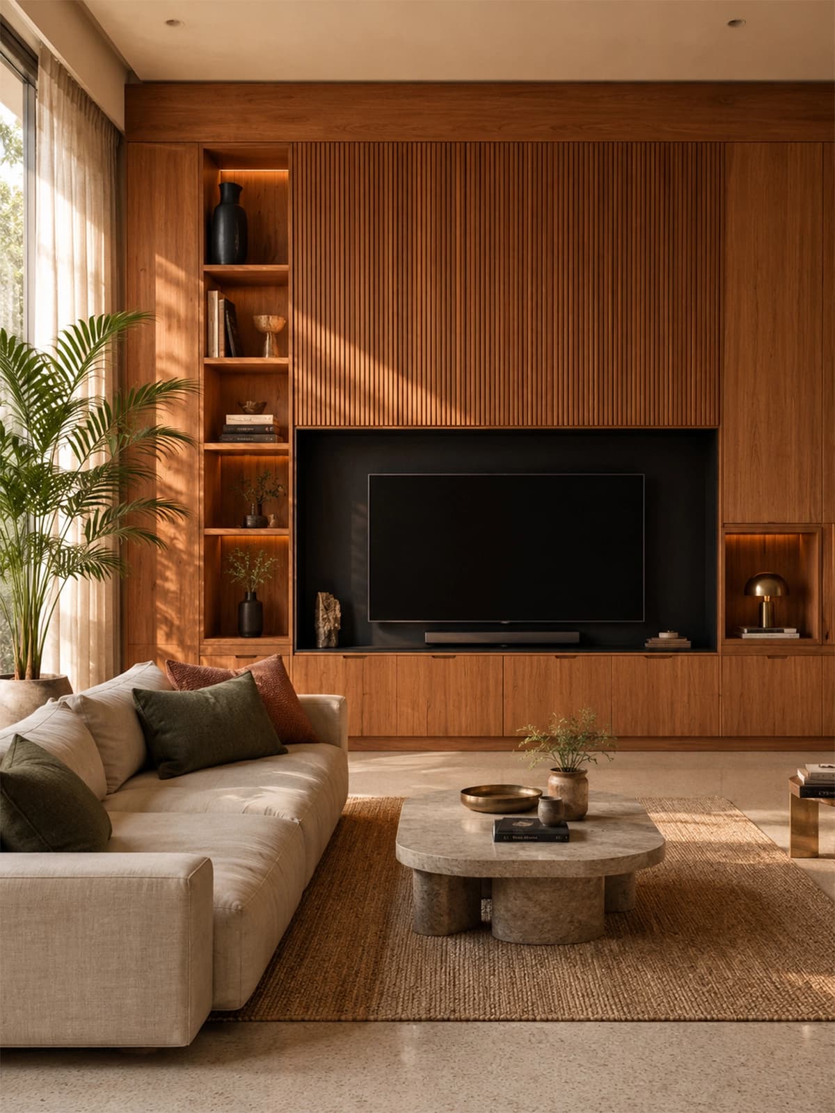 Living room interior with Gurjan veneer wall unit